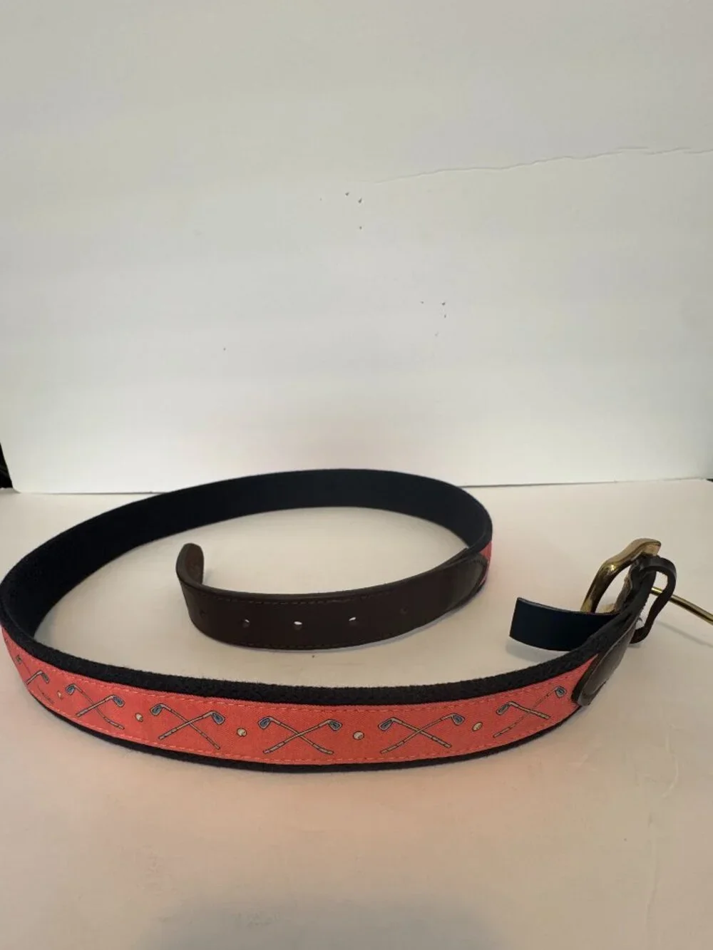VINEYARD VINES Golf Clubs Silk Canvas Leather Belt Pink Navy Size 42